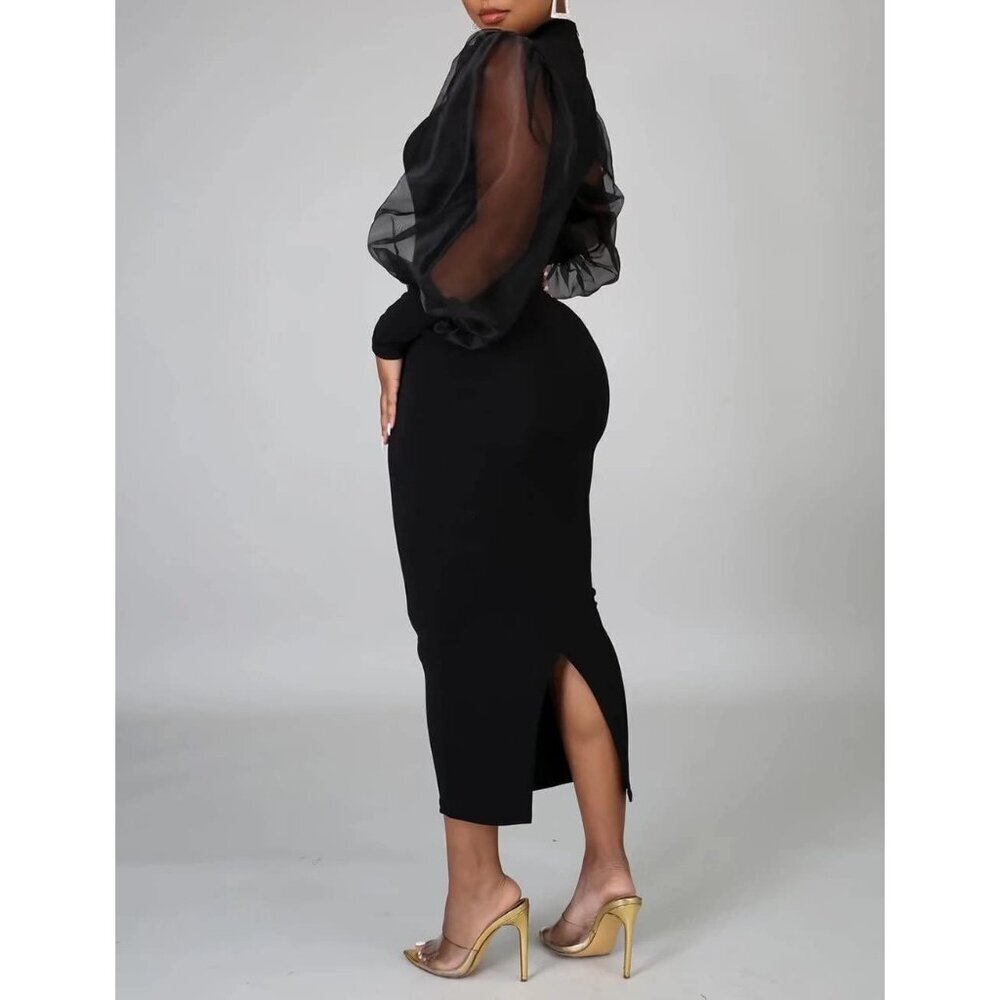 Women's Puff Sleeve Midi Dress Polyester Long Sleeve Office Party Work - Picture 4 of 5